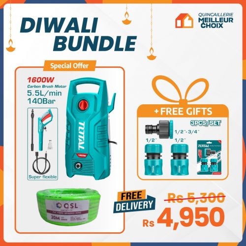 Diwali Cleaning Bundle – TOTAL High Pressure Washer 1600W with 20m Garden Hose + FREE Hose Quick Connectors Set